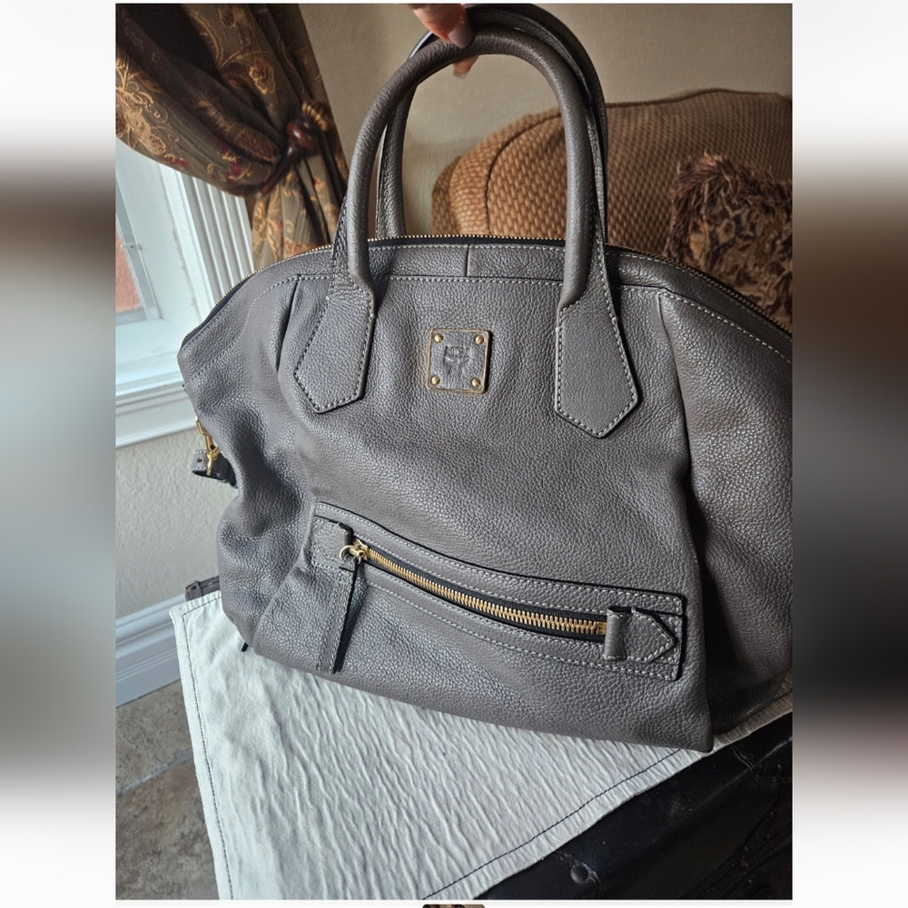 MCM GRAY Leather Handbag with Gold Accents